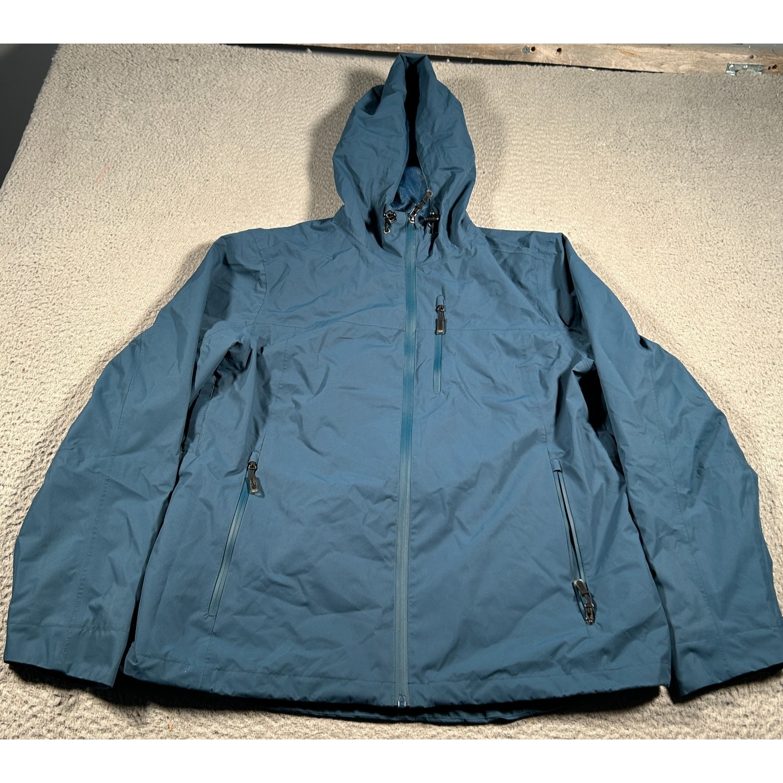 33,000ft Packable Rain Jacket Mens Large Blue Hooded Full Zip Waterproof Cycling